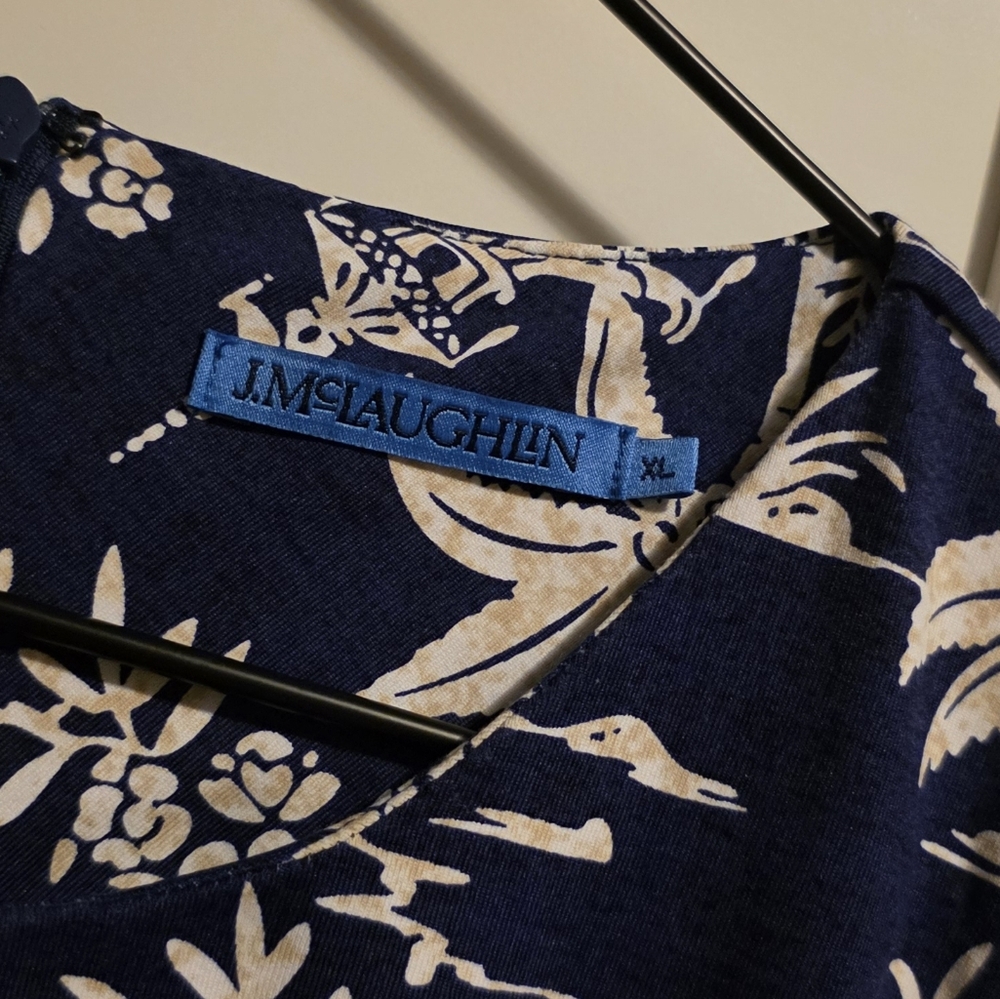 J. McLaughlin Sophia Dress Tongsai Palms Print 3/4 Sleeve Navy/White XL NWOT - Picture 4 of 9